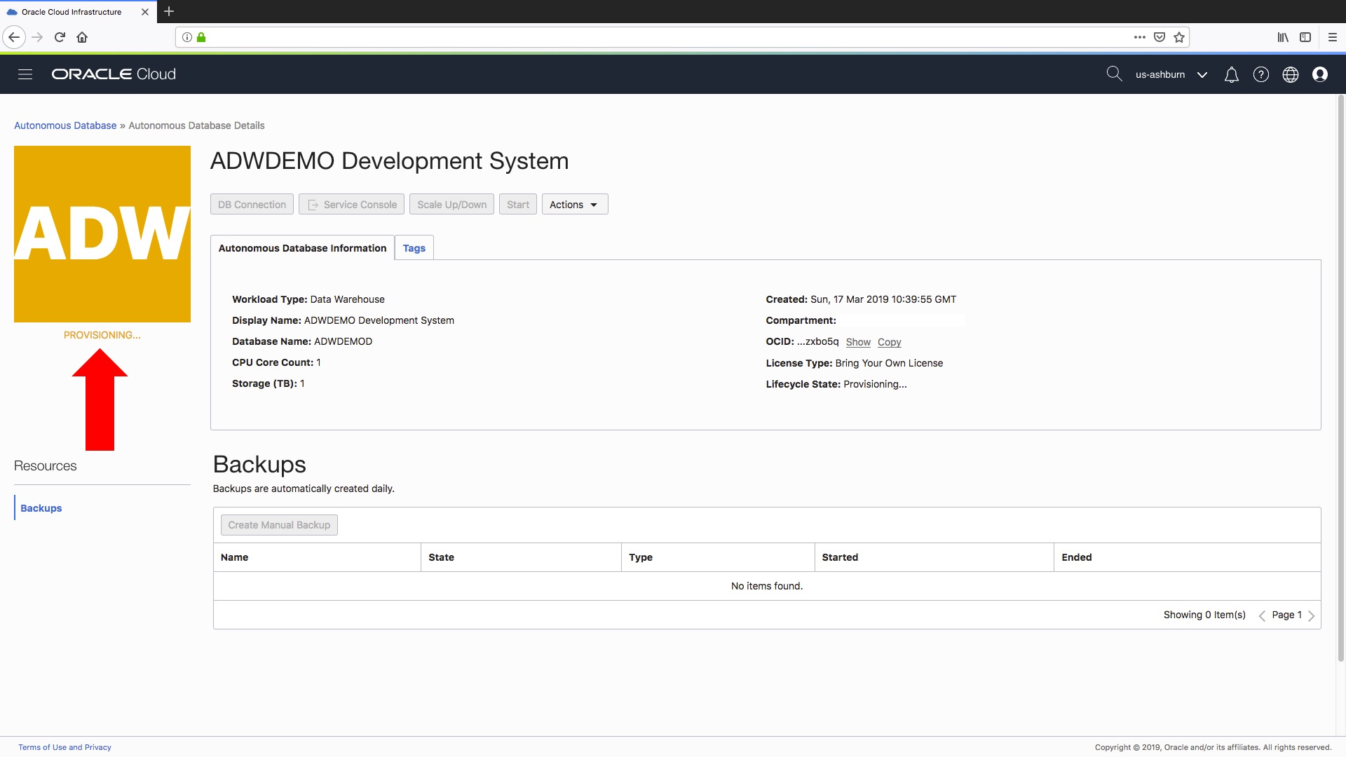 Provisioning stage of newly cloned autonomous data warehouse