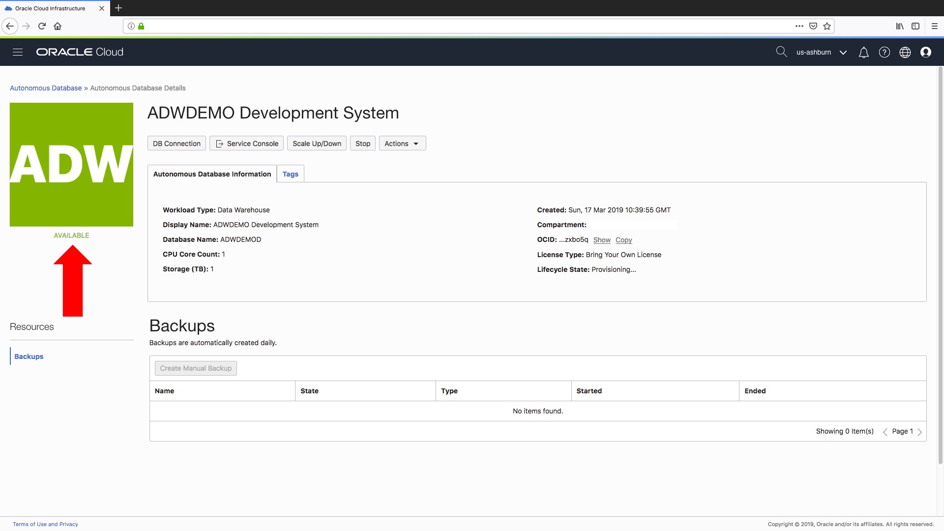 Newly cloned autonomous data warehouse is ready for use