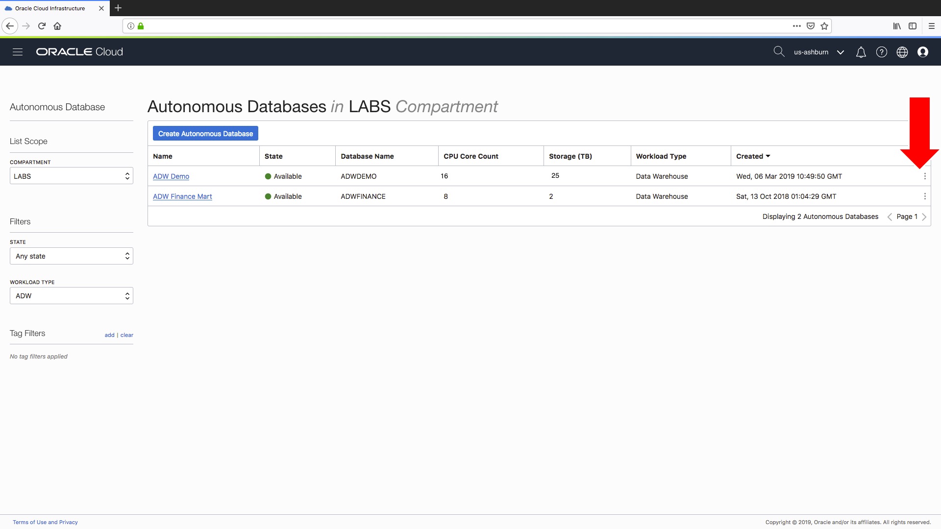 Accessing the pop-up menu for autonomous data warehouse