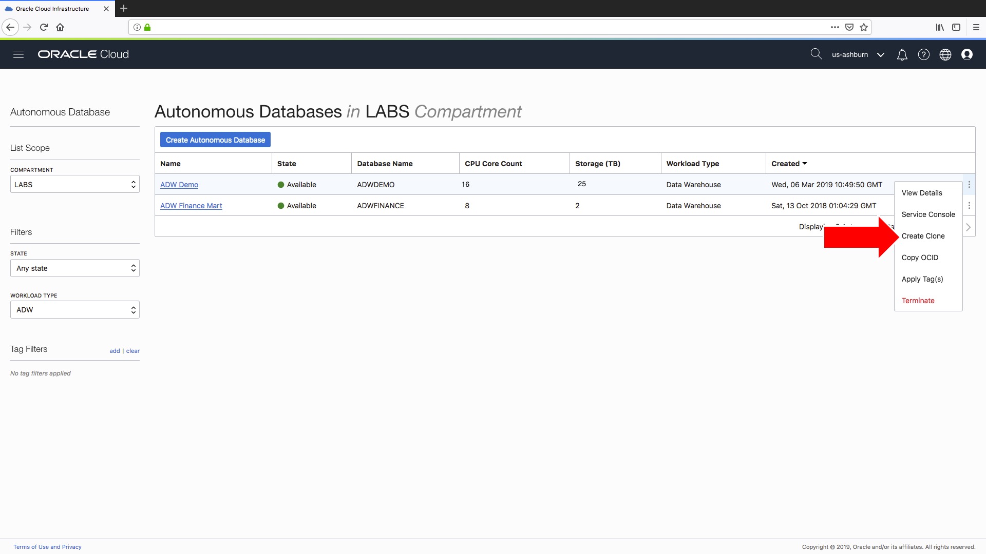 Pop-up menu showing new cloning option for autonomous data warehouse