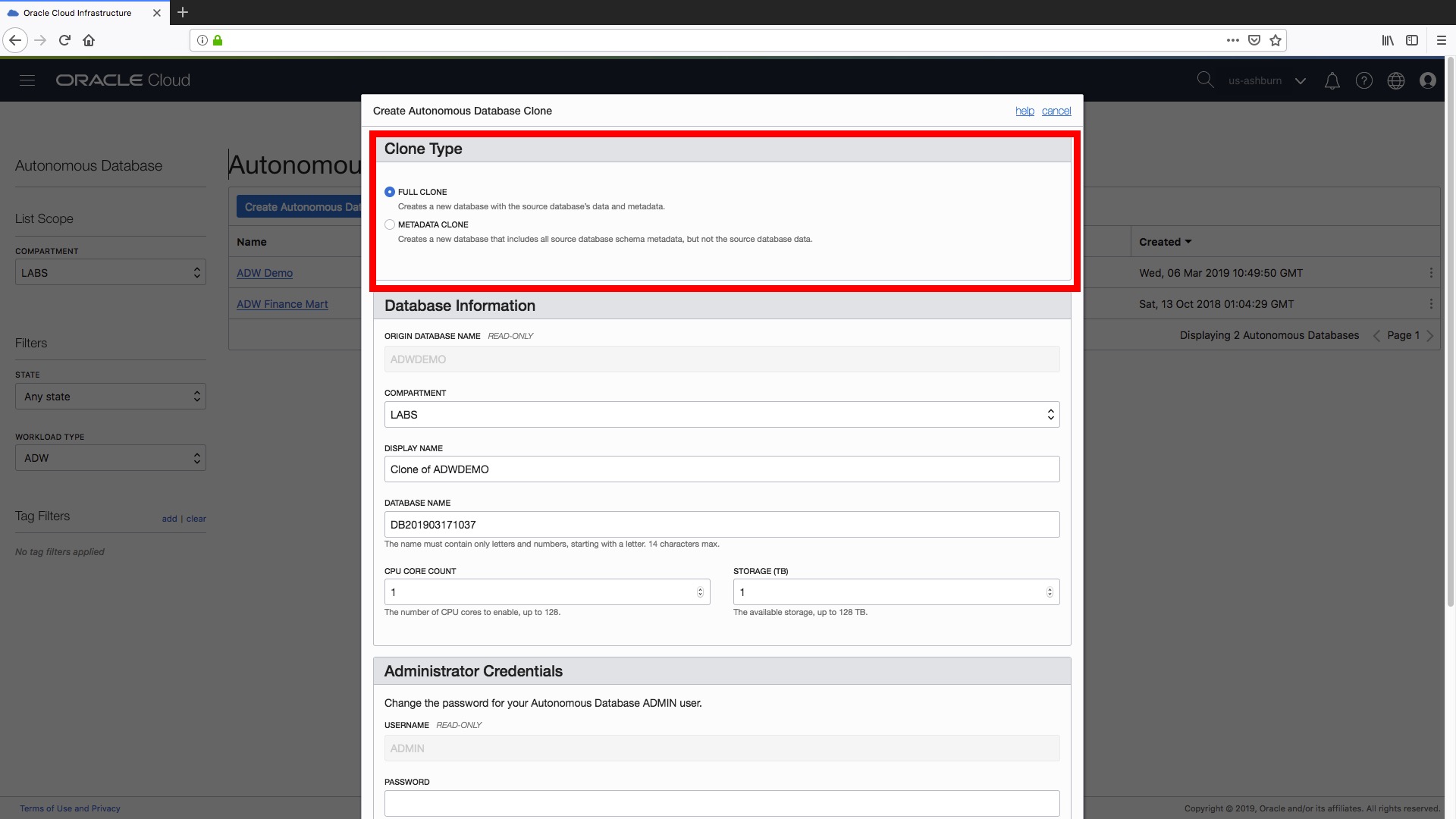 Set the type of clone for your new autonomous data warehouse