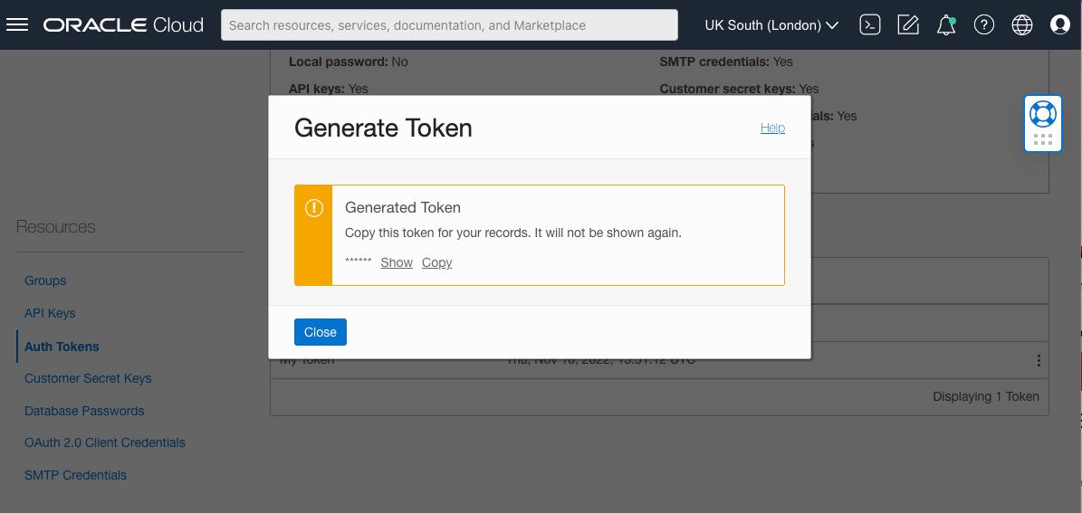 generated auth token copy page