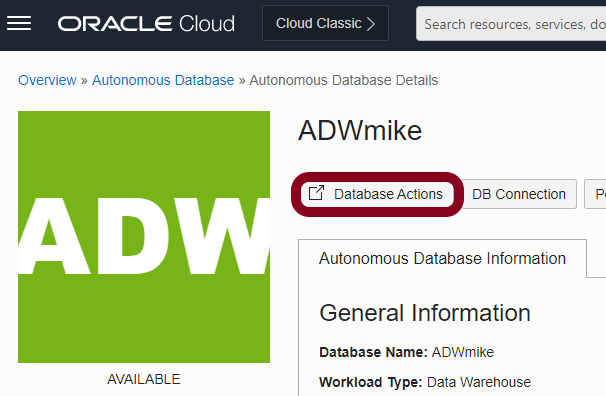 Screenshot of the OCI Console, showing the Database Actions link