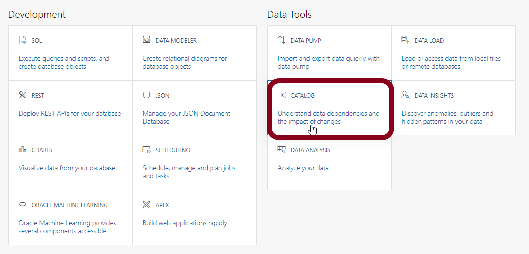 Screenshot of the Database Actions page, showing the Catalog link