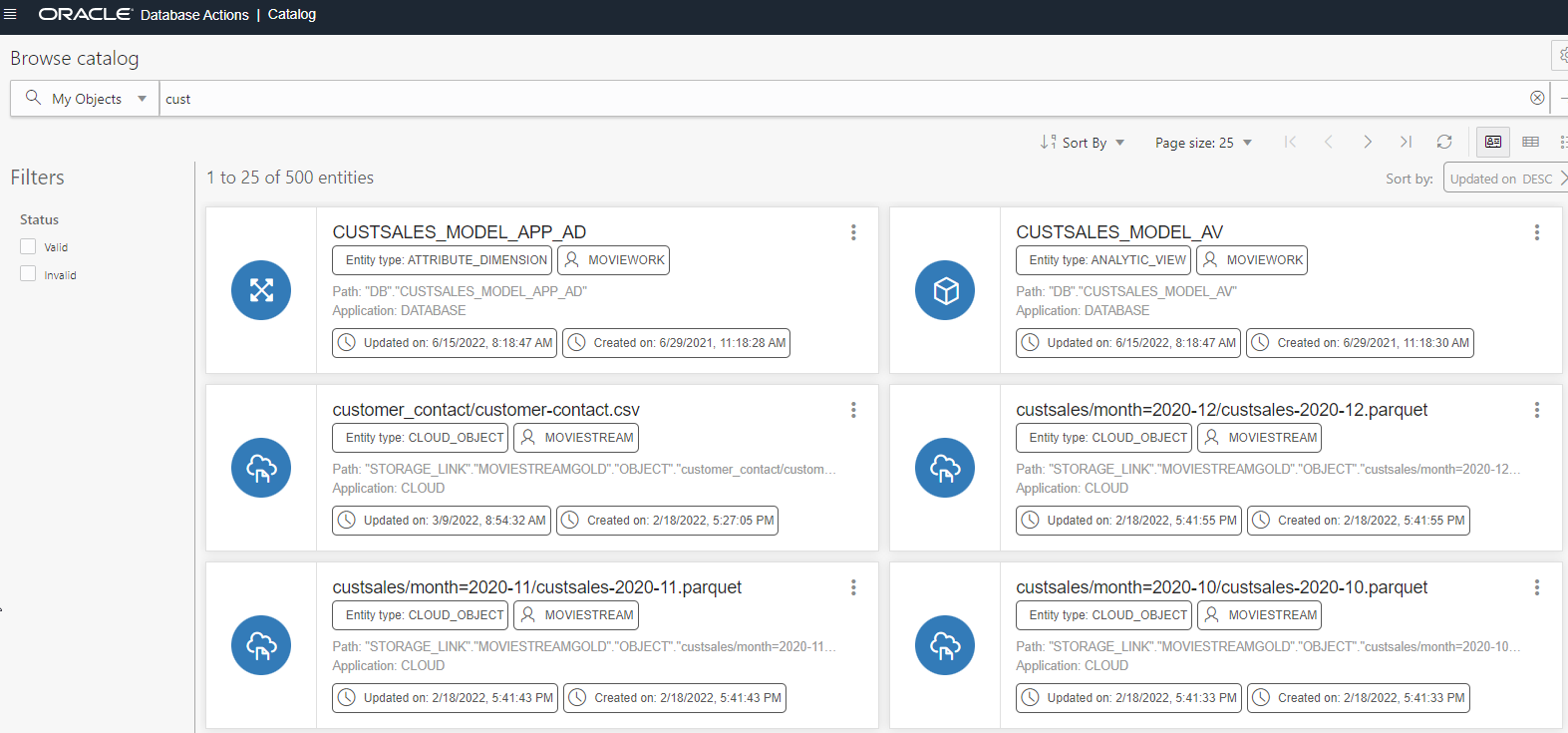 The results of a Catalog search for the term 'cust'