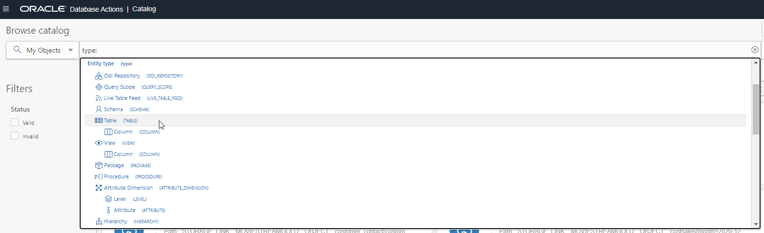 A screenshot of the Catalog search, by 'type:', returning all the searchable entity types