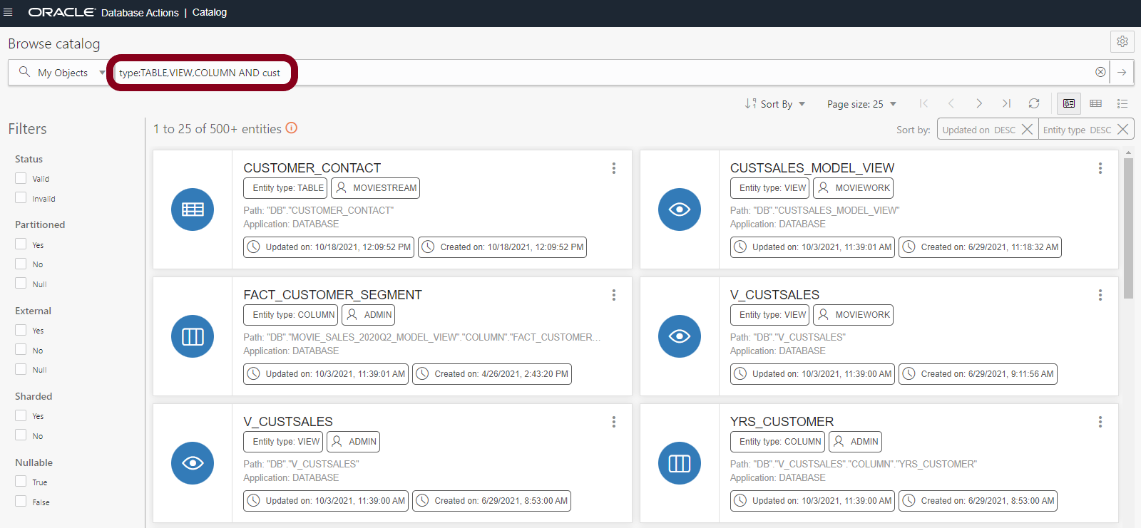 Screenshot of Catalog search results, using a search on 'type:TABLE,VIEW,COLUMN AND cust’