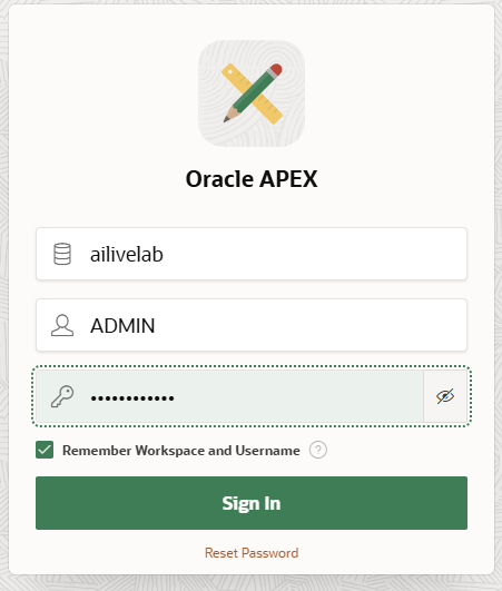 APEX workspace login