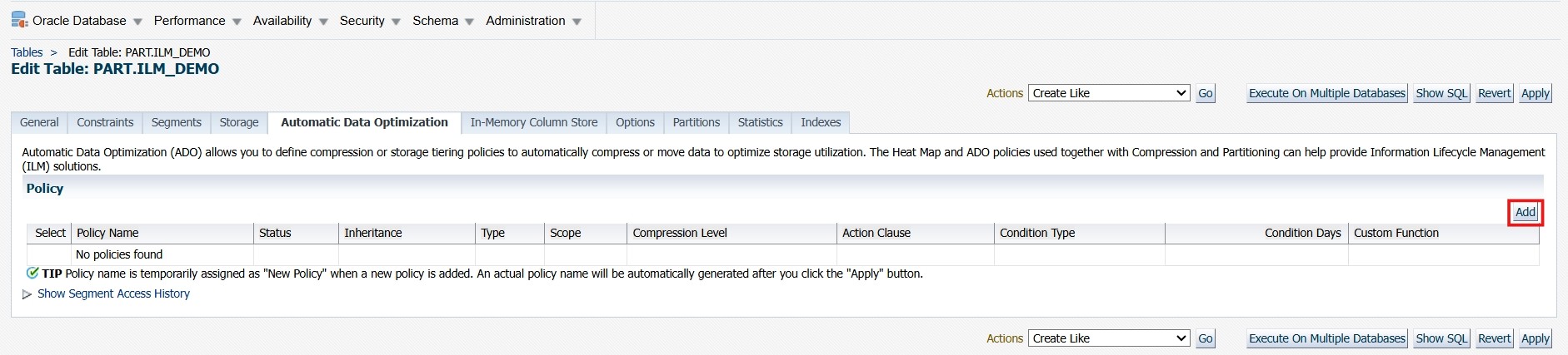 Automatic Data Optimization Screen