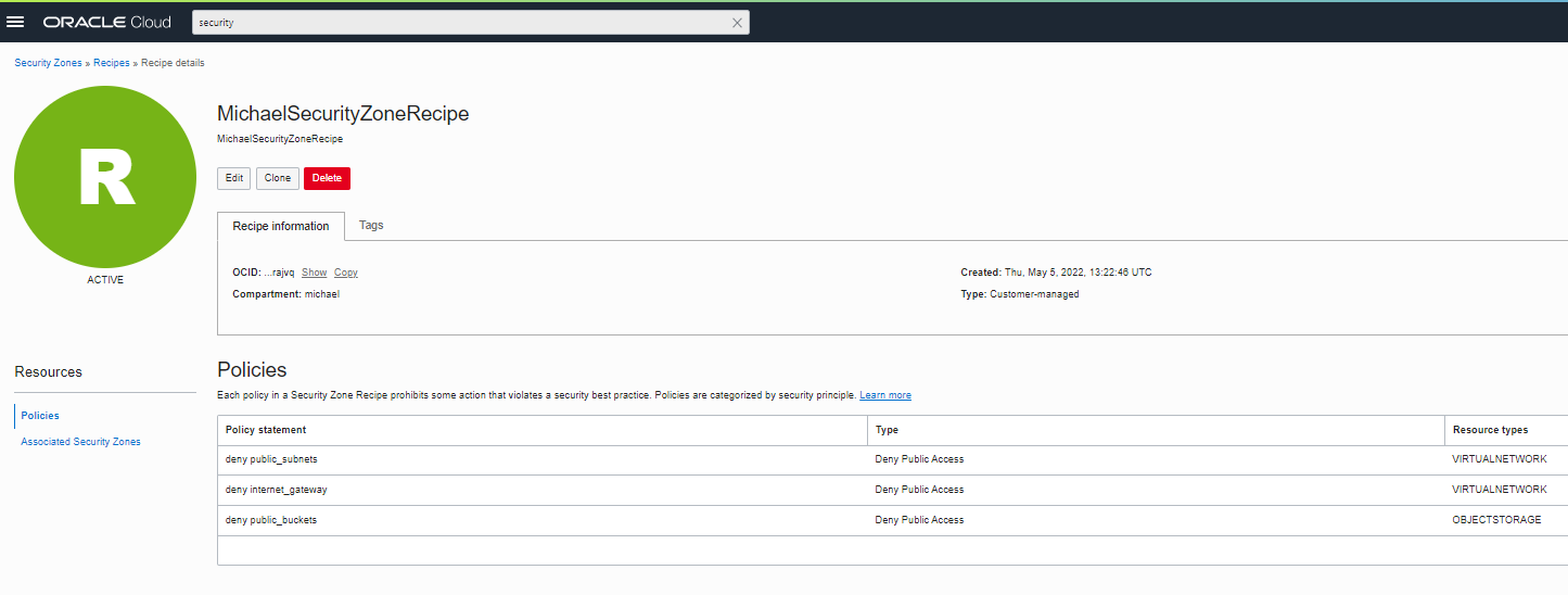 Custom Security Zone Receipe