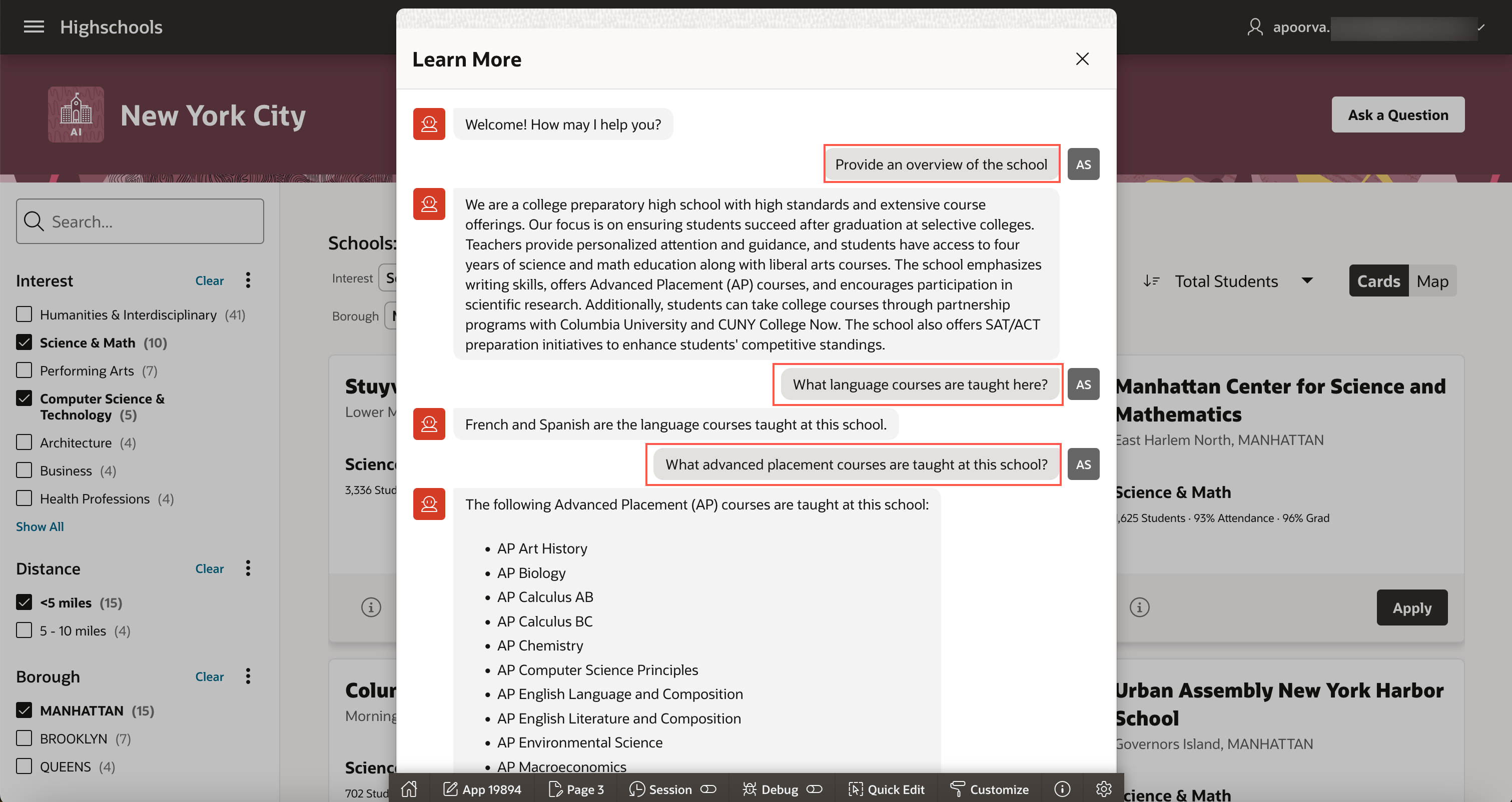 Eine Chatbot FAQ zu einer öffentlichen Schule in New York