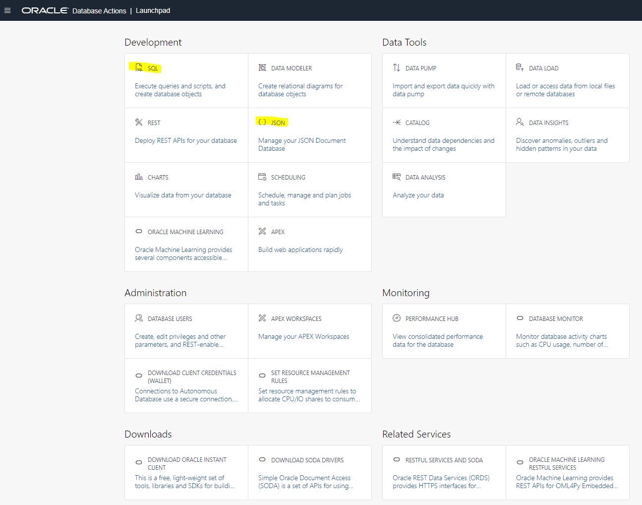 Database Actions menu