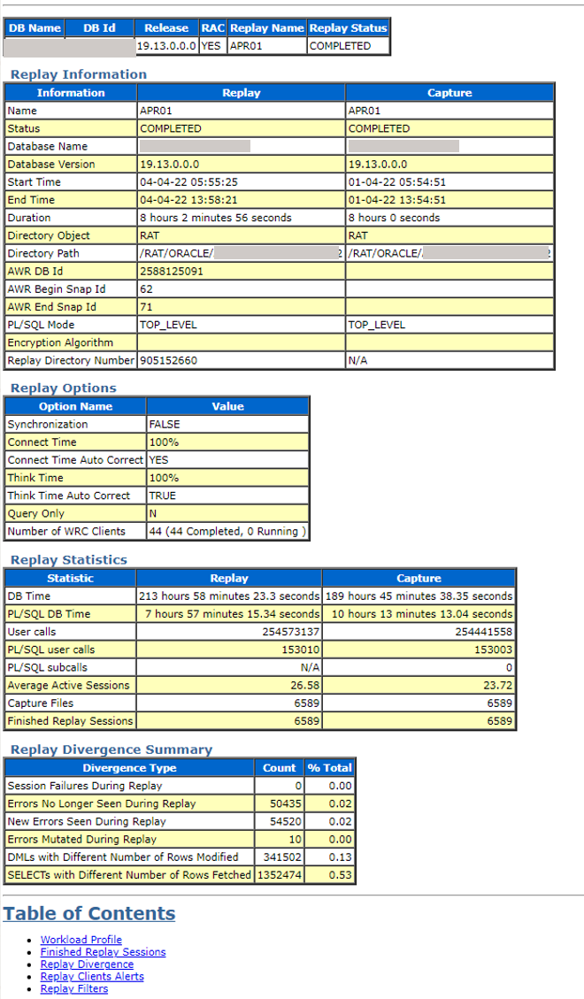 Database Replay Report