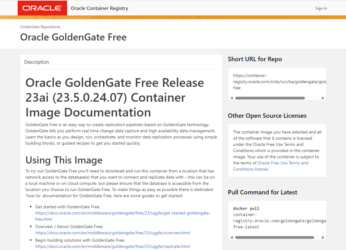 Oracle Container Registry - GoldenGate free