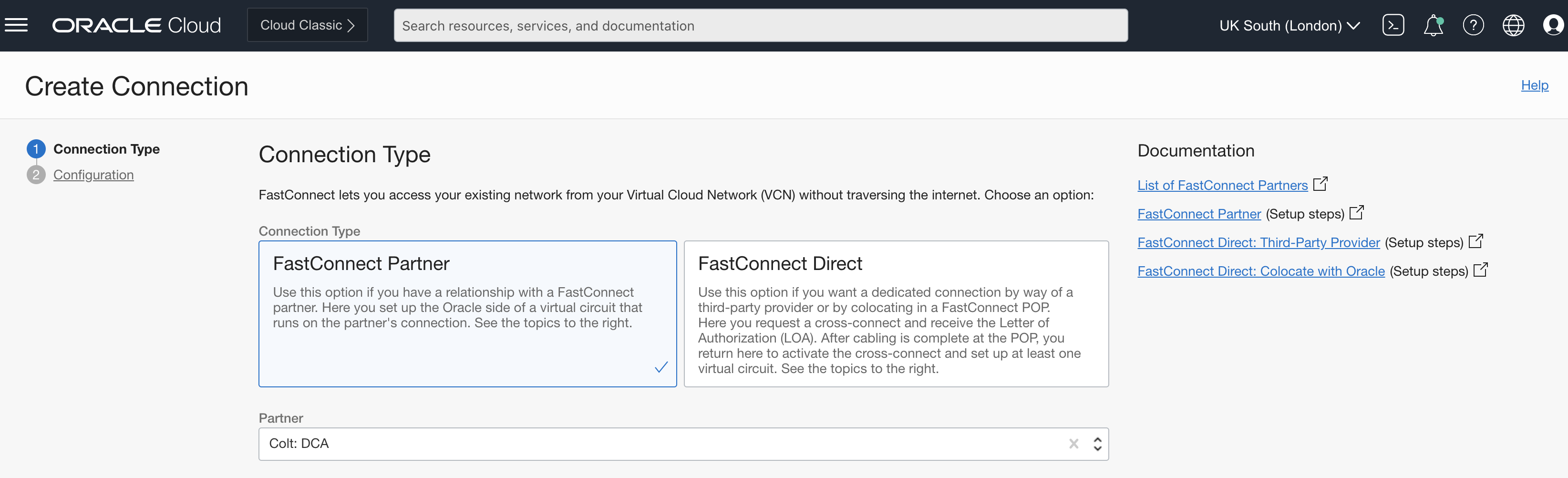 A screenshot of the Create Connection screen on the Connection Type tab with FastConnect Partner selected.