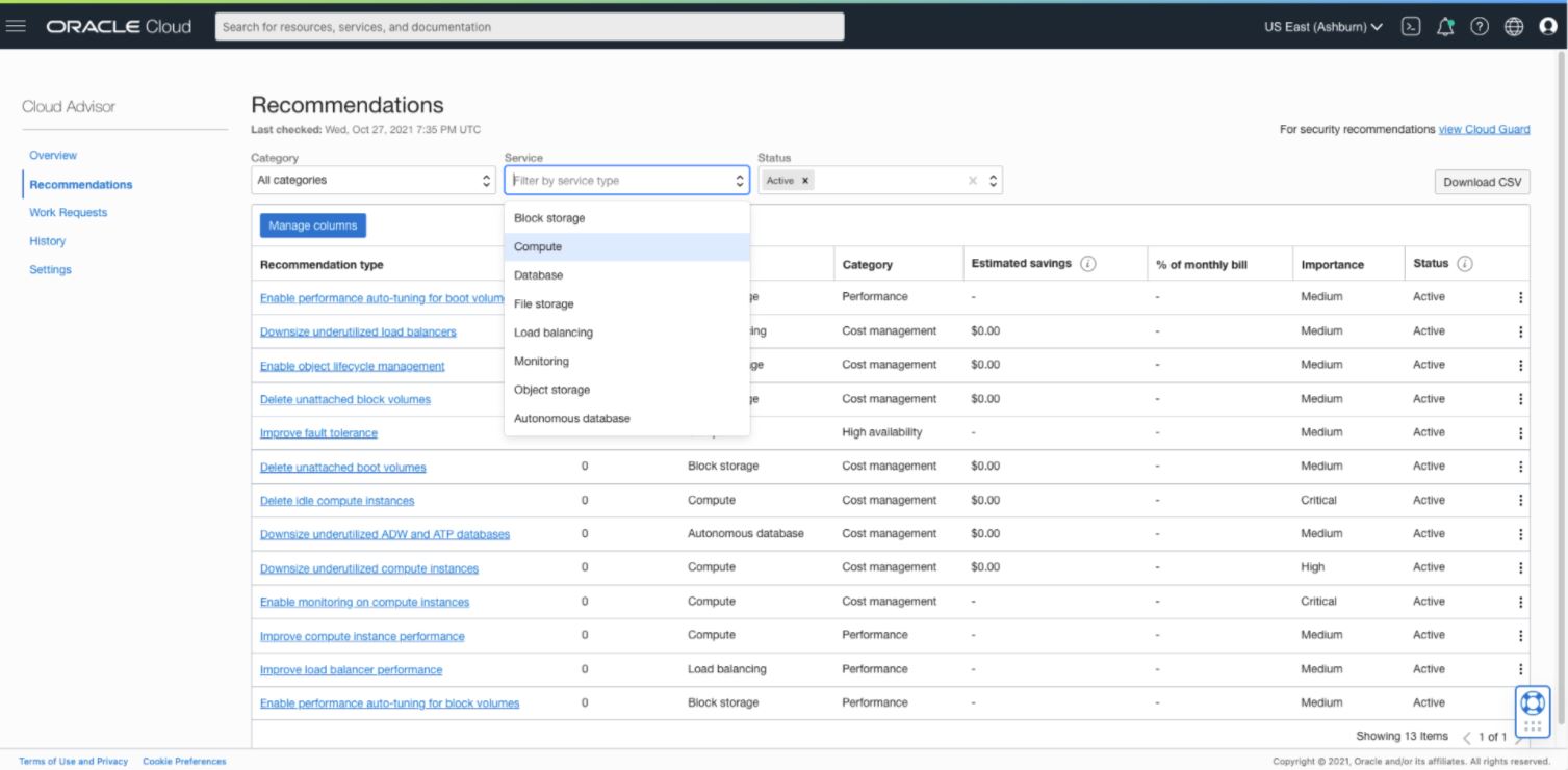 A screenshot of the Recommendations page with the Service menu expanded.