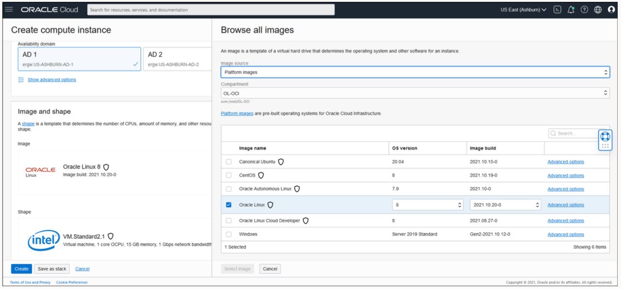 A screenshot of the Browse All Images window over the Create Compute Instance screen in the Oracle Cloud Console.