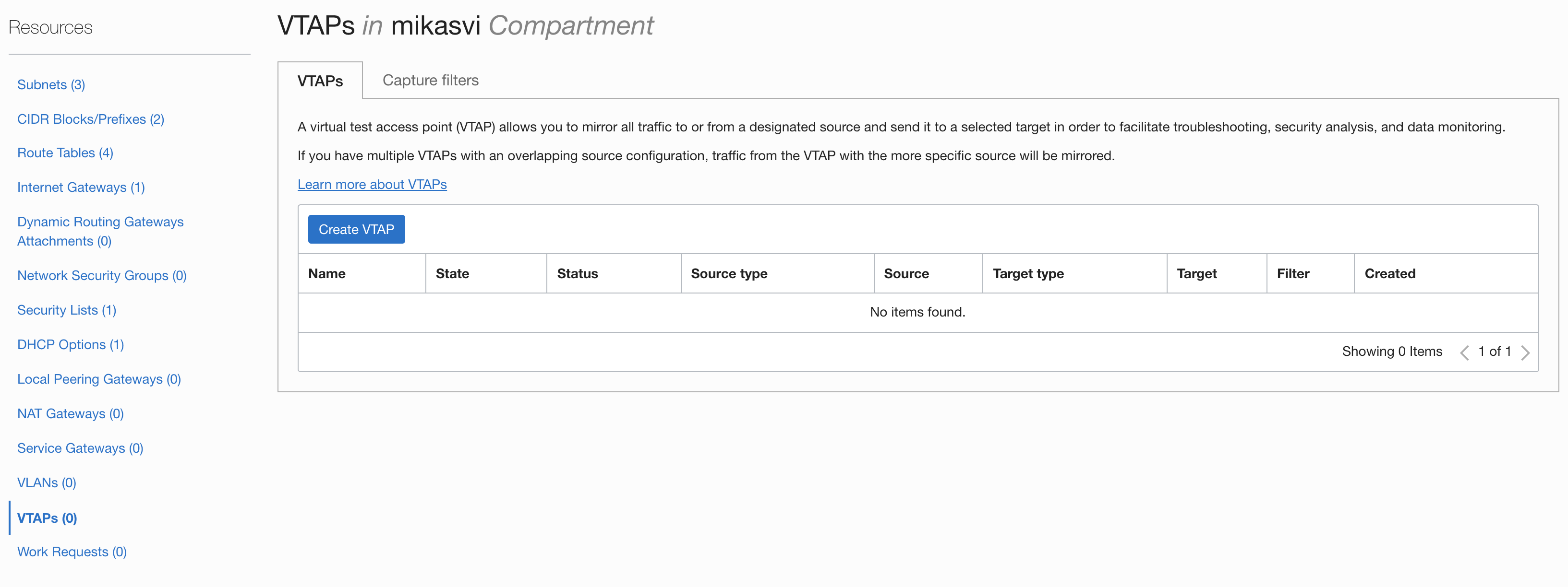 A screenshot of the VTAP tab in the Compartment page of the Console.
