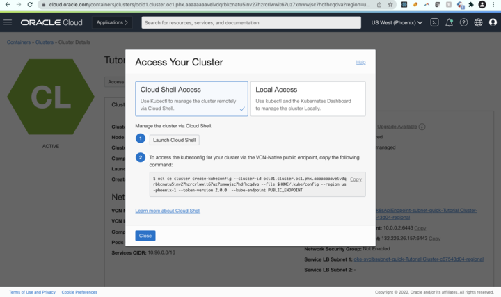 A screenshot of the Access Your Cluster window with Cloud Shell Access selected.