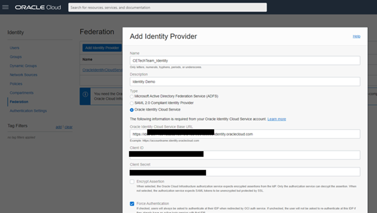 A screenshot of the Add Identity Provider window with the details filled in.