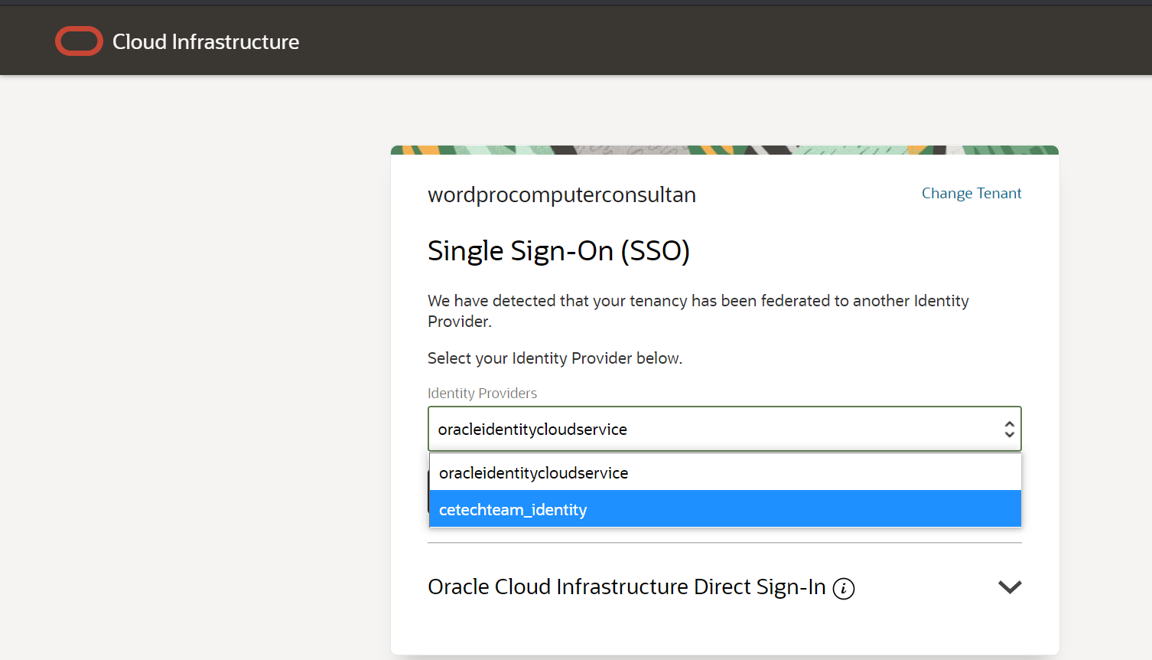 A screenshot of the single sign-on (SSO) screen with the credentials from the parent tenancy filled in.