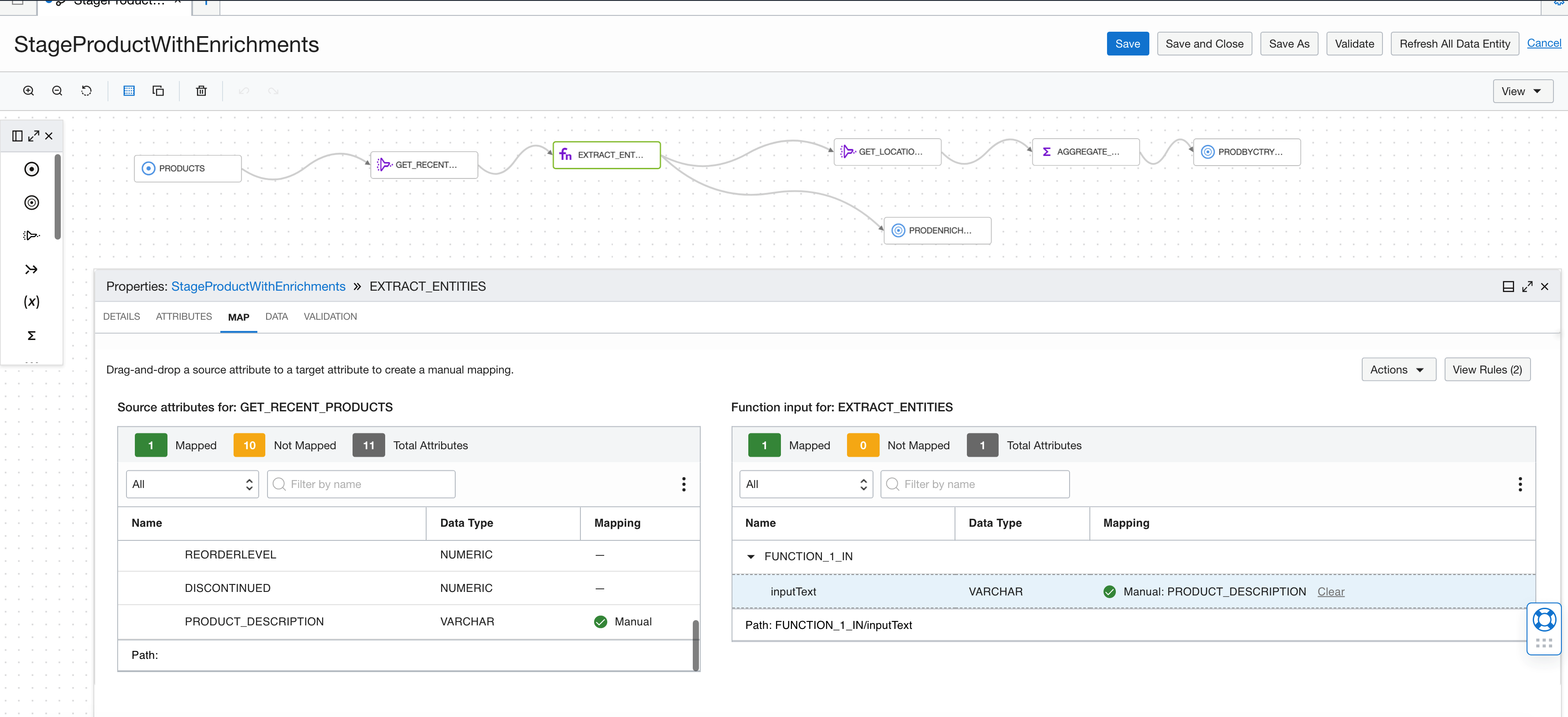 A screenshot of the StageProductsWithEnrichments dataflow showing the source and target attributes.