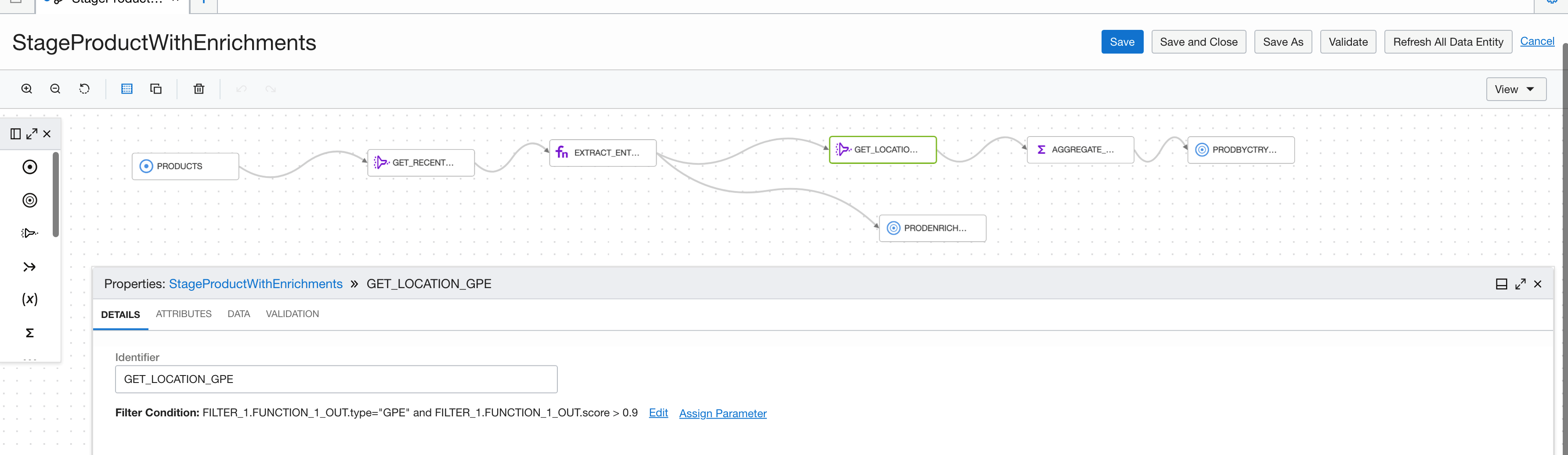 A screenshot of the data flow showing the properties details tab and the identifier, GET_LOCATION_GPE.