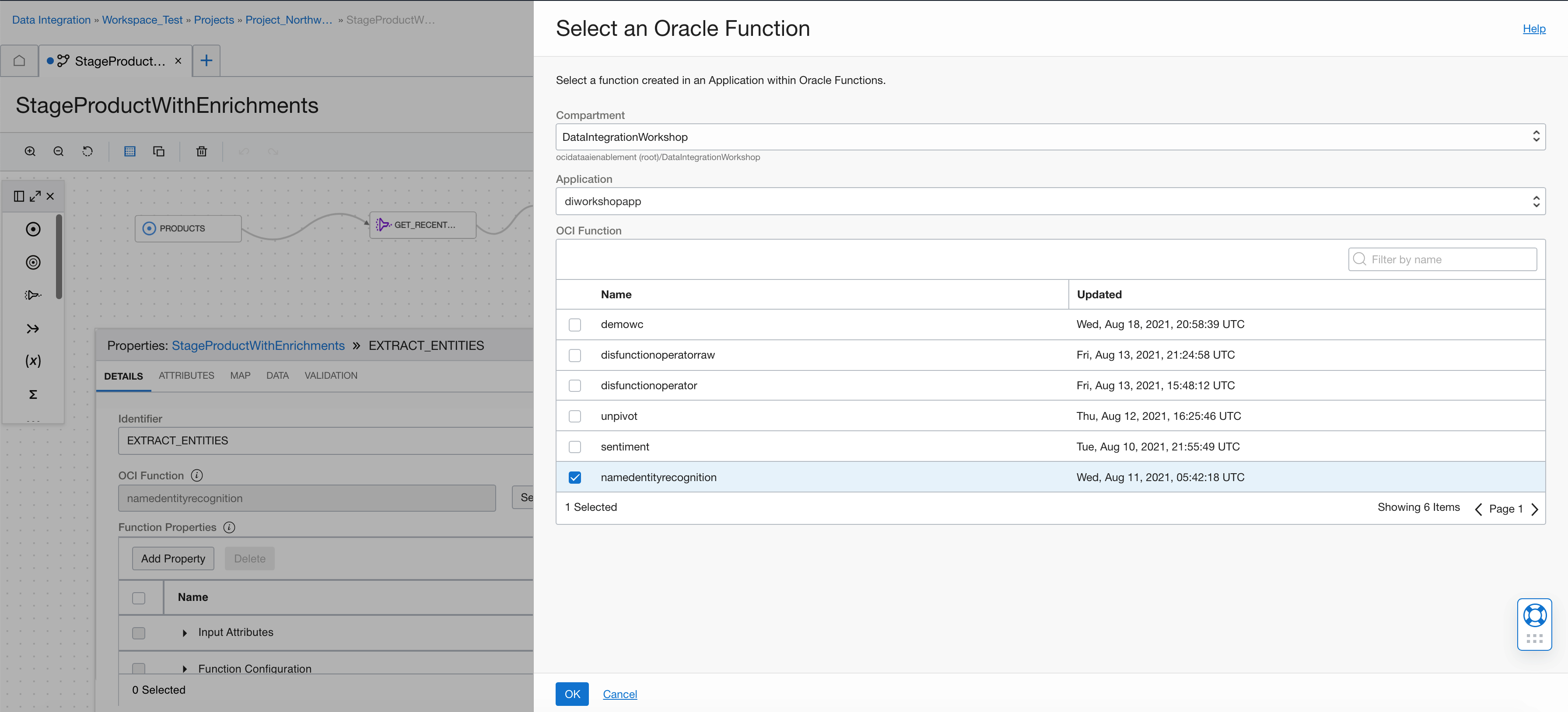 A screenshot of the Select an Oracle Function window.
