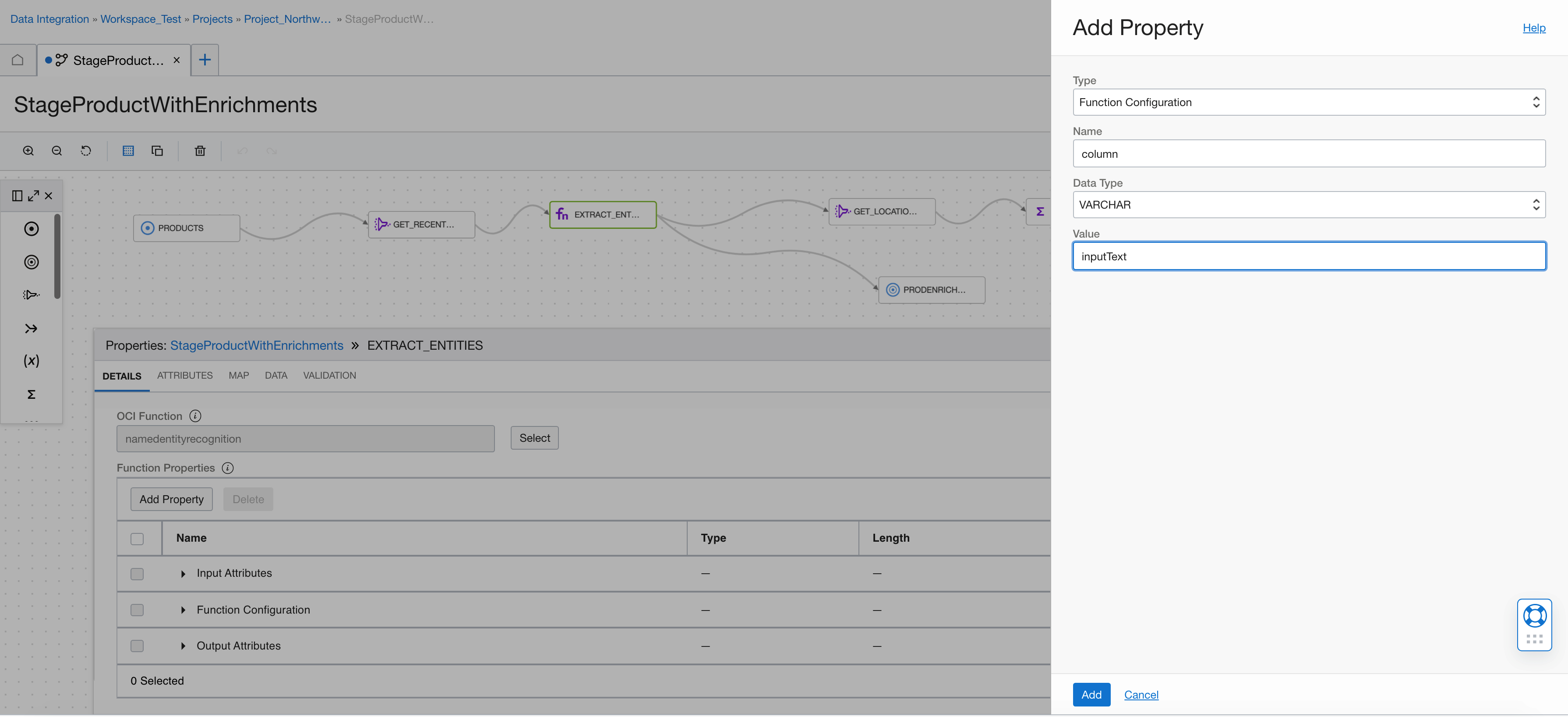 A screenshot of the Add Property window showing the Function Configuration type with InputTest selected for the value.