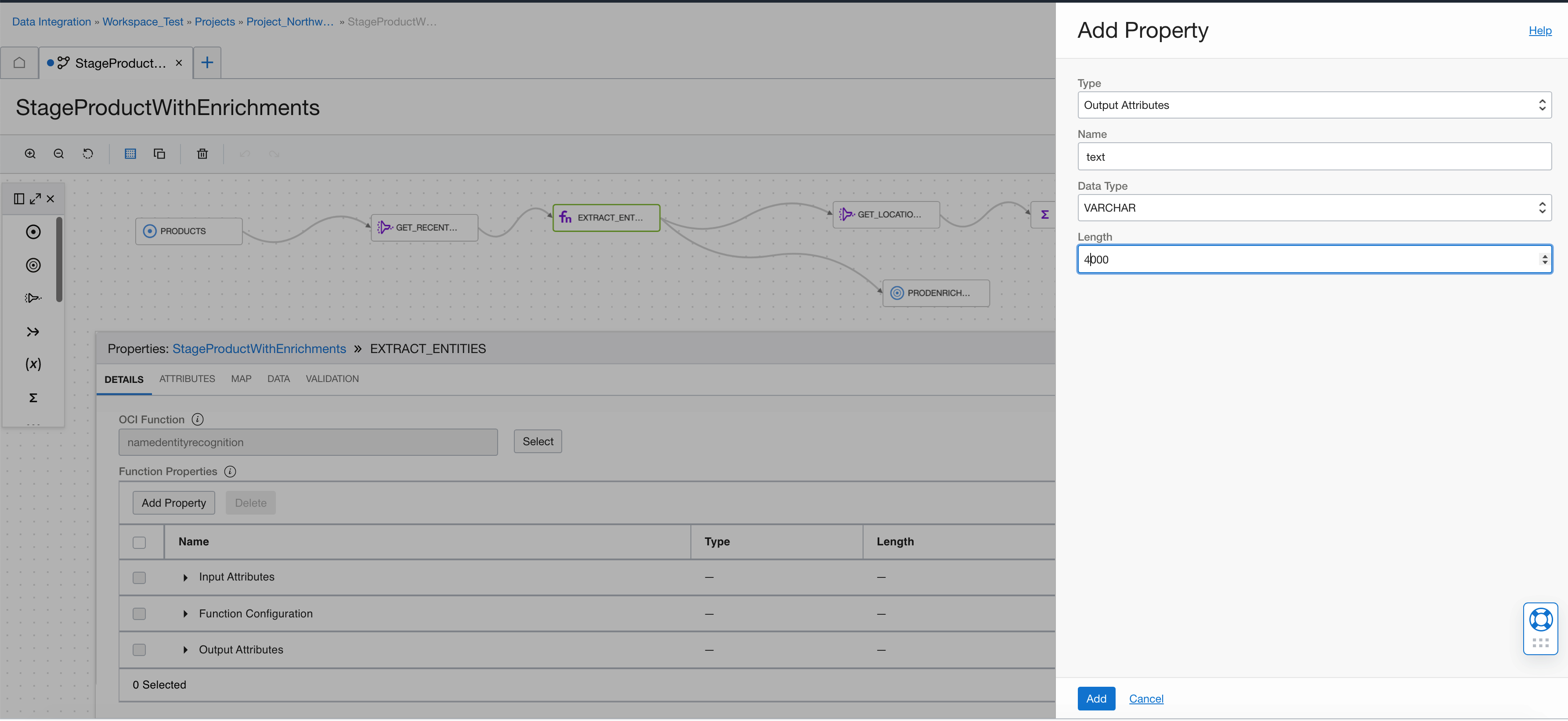 A screenshot of the Add Property window showing the output attributes type with a length of 4000.