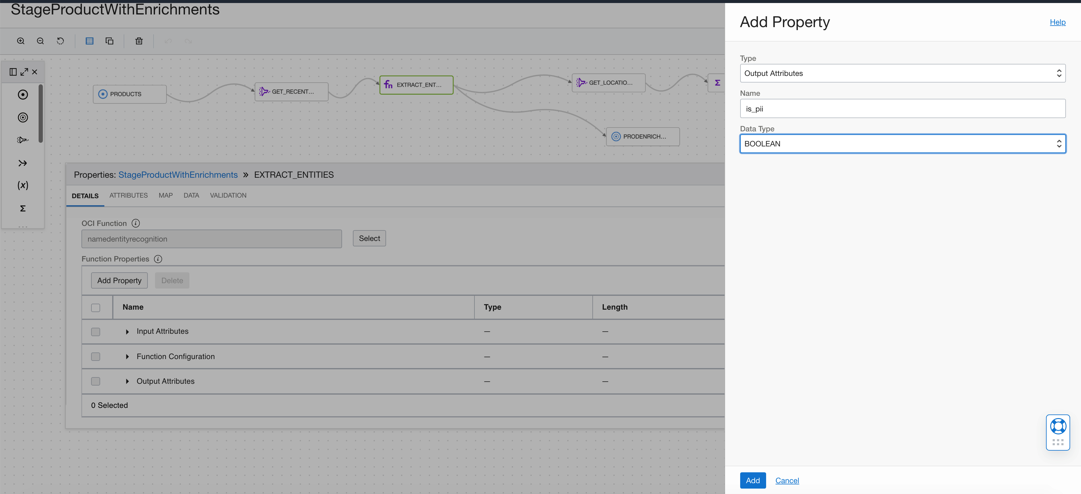 A screenshot of the Add Property window showing the output attributes type with a data type of BOOLEAN.
