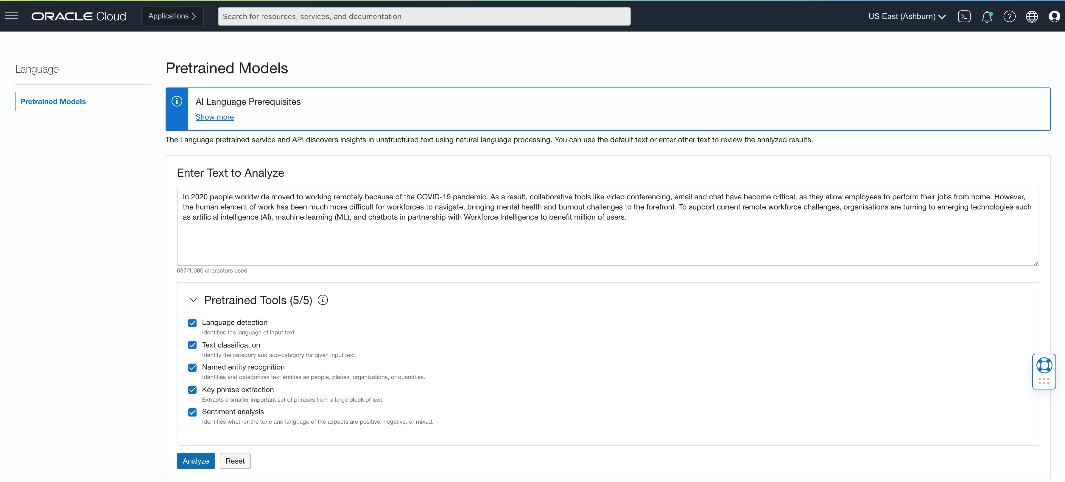 A screenshot of the Pretrained Models page in the OCI Console.