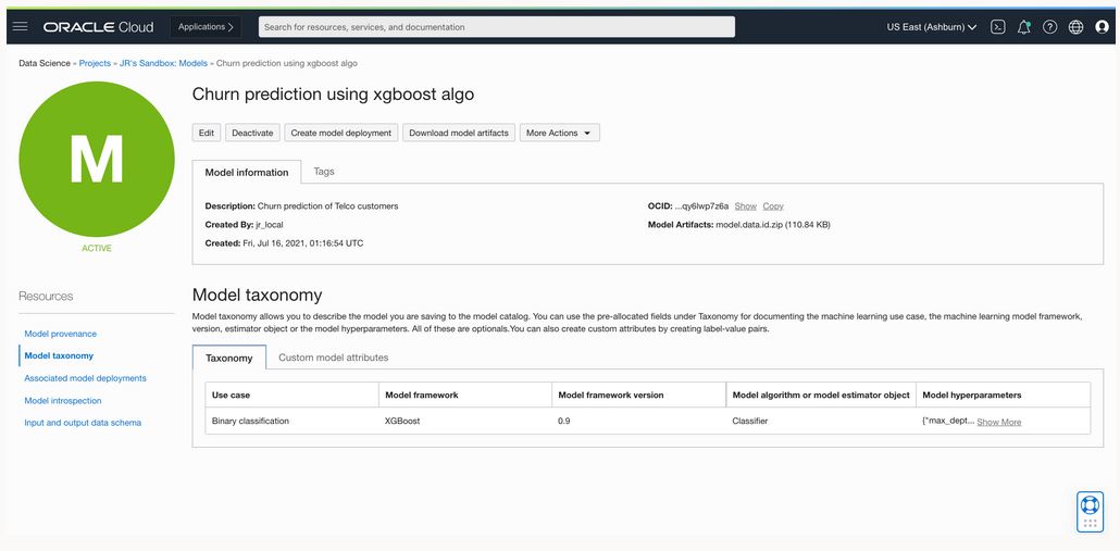 A screenshot of the model taxonomy from a metadata and artifact repository in the OCI Console.