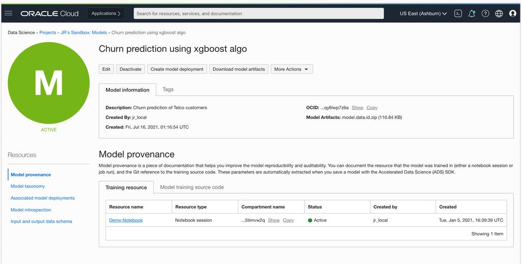 A screenshot of the model information from an artifact repository and a metadata repository in the OCI Console.