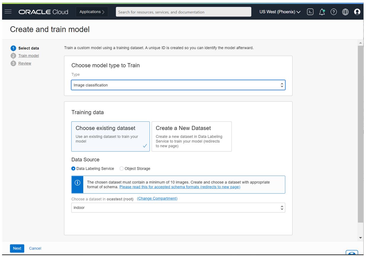 Dataset selection step in OCI Vision custom training model workflow