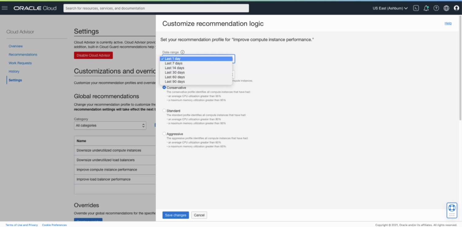 A screenshot of the Customize recommendation logic window with the menu for date range expanded.