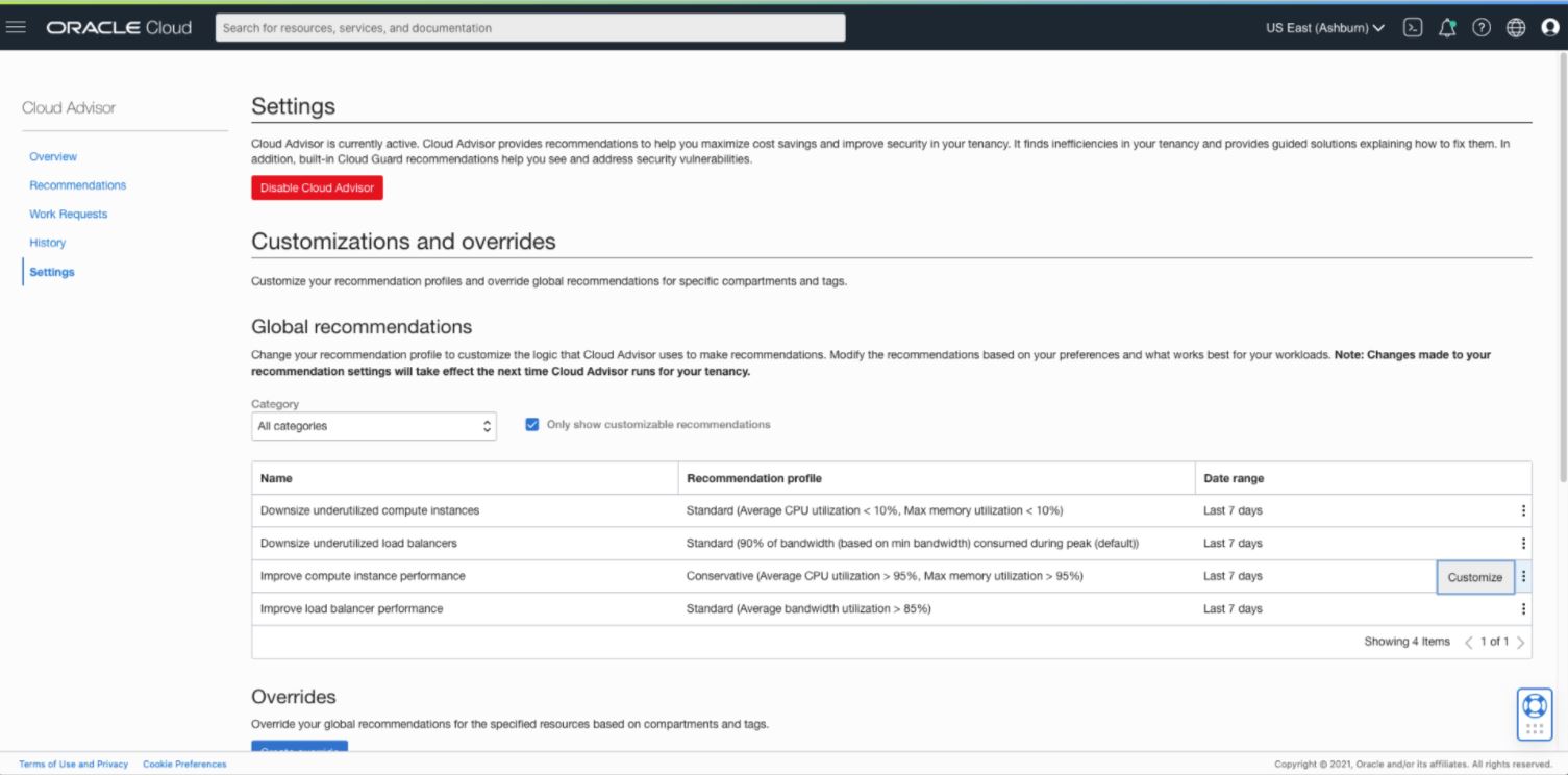 A screenshot of the settings page of Cloud Advisor in the Console.