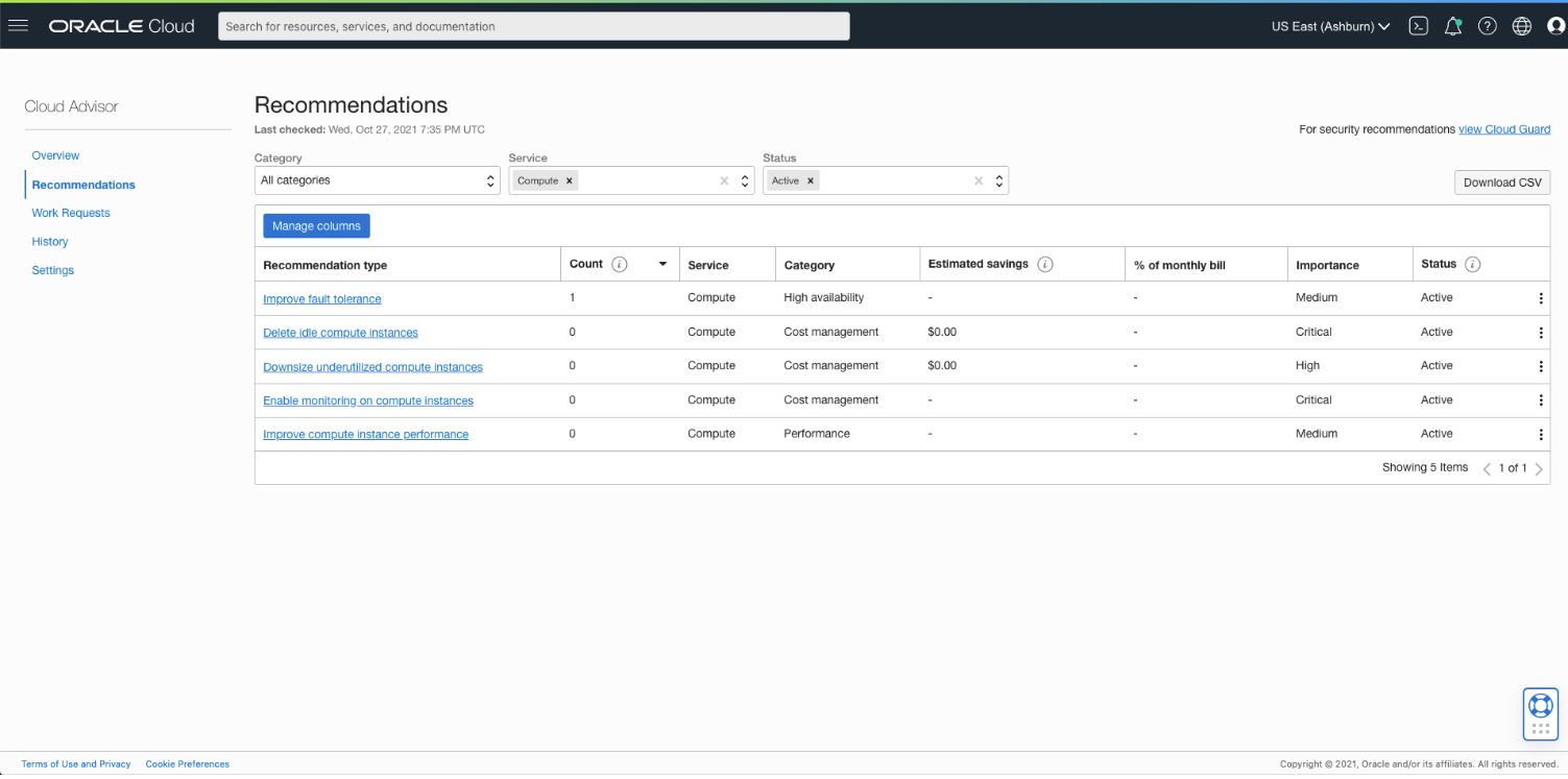A screenshot of the refreshed Recommendations page in Cloud Advisor in the Console.