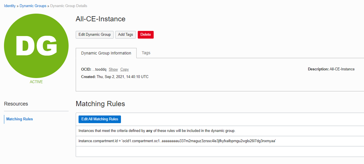 A screenshot of the Dynamic Group Details page, showing the matching rules.