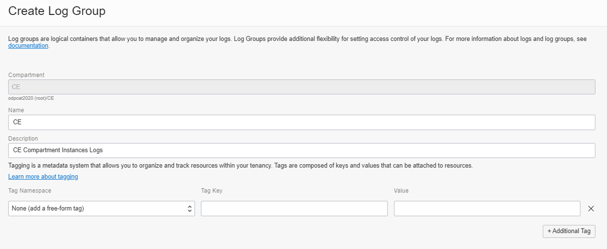 A screenshot of the Create Log Group page with the details filled in.
