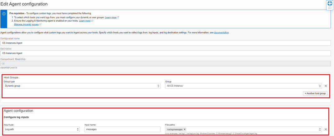 A screenshot of the Edit Agent Configuration page with the host groups and agent configuration sections outlined in red.