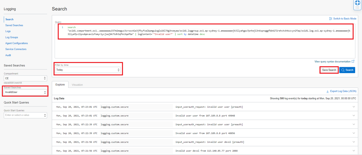 A screenshot of the Search page in the Logging section with the Saved Searches, Query, and Filter by time sections outlined in red.