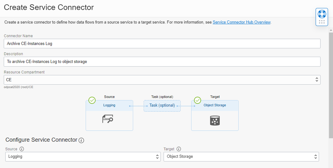 A screenshot of the Create Service Connector screen with details filled in and the source selected as Logging and the Target as Object Storage.