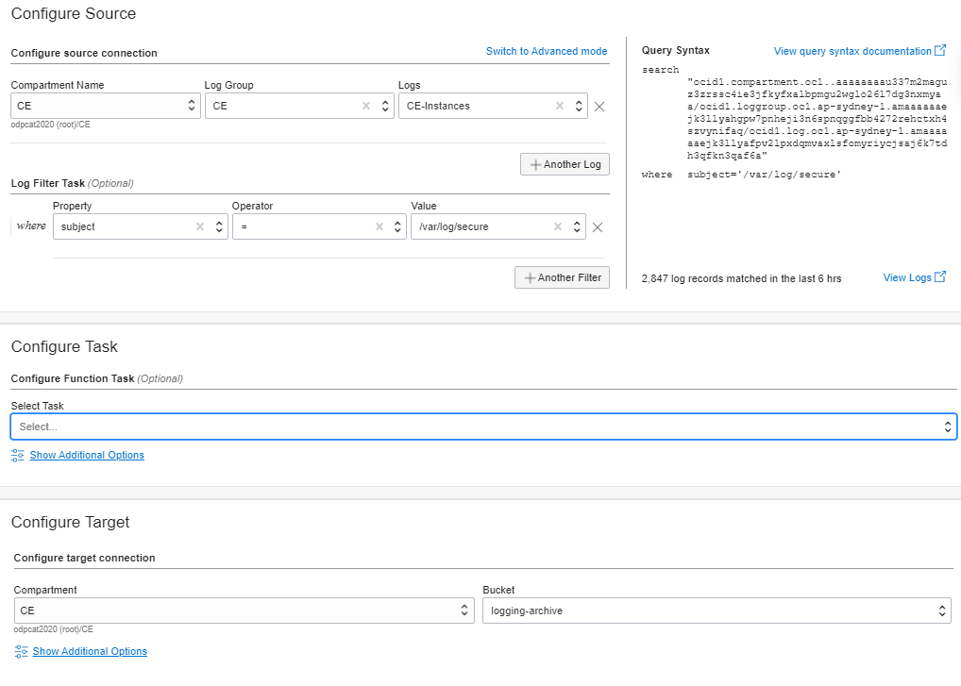 A screenshot of the Configure Source and Configure Task screens with the Select Task menu highlighted and details filled in.