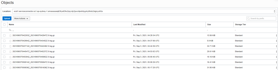A screenshot of the Objects screen from OCI Object Storage.