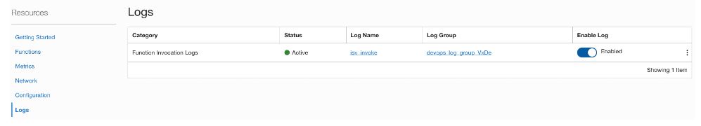 A screenshot of the Logs section of the Resources in the OCI Console.