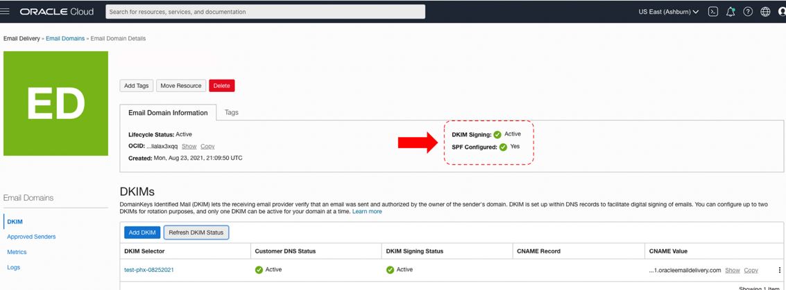 A screenshot of the Email Domain Details page with the DKIM and SPK statuses outlined in red with a red arrow pointing to them.