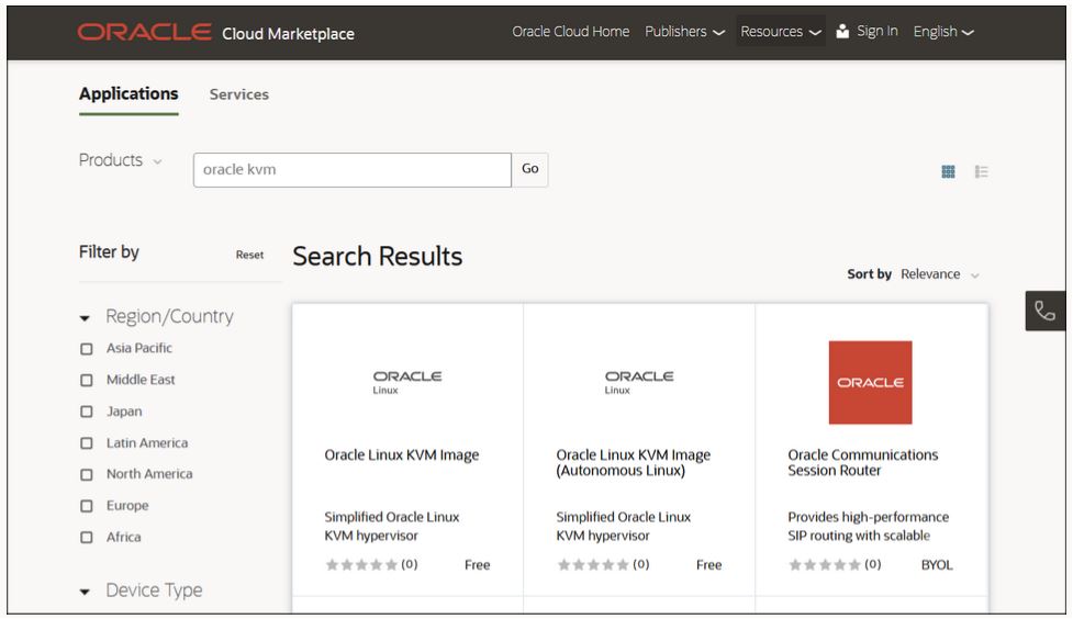 A screenshot of the search results for Oracle KVM in the Oracle Cloud Marketplace.
