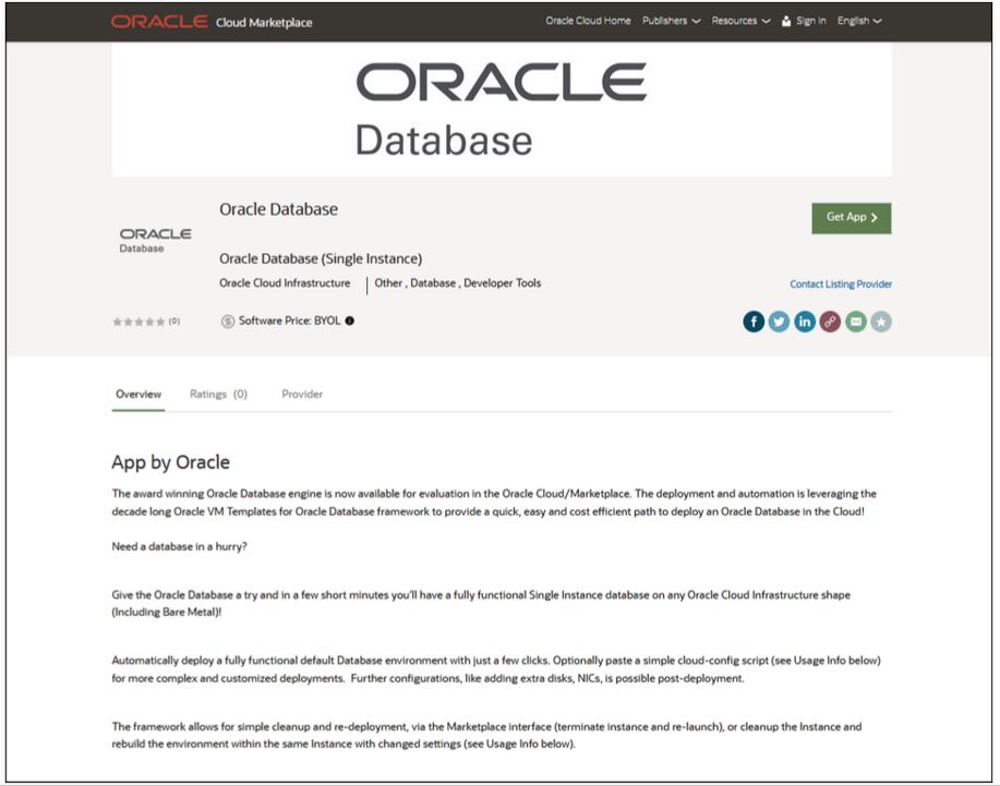A screenshot of the Marketplace entry for the Oracle Database image.