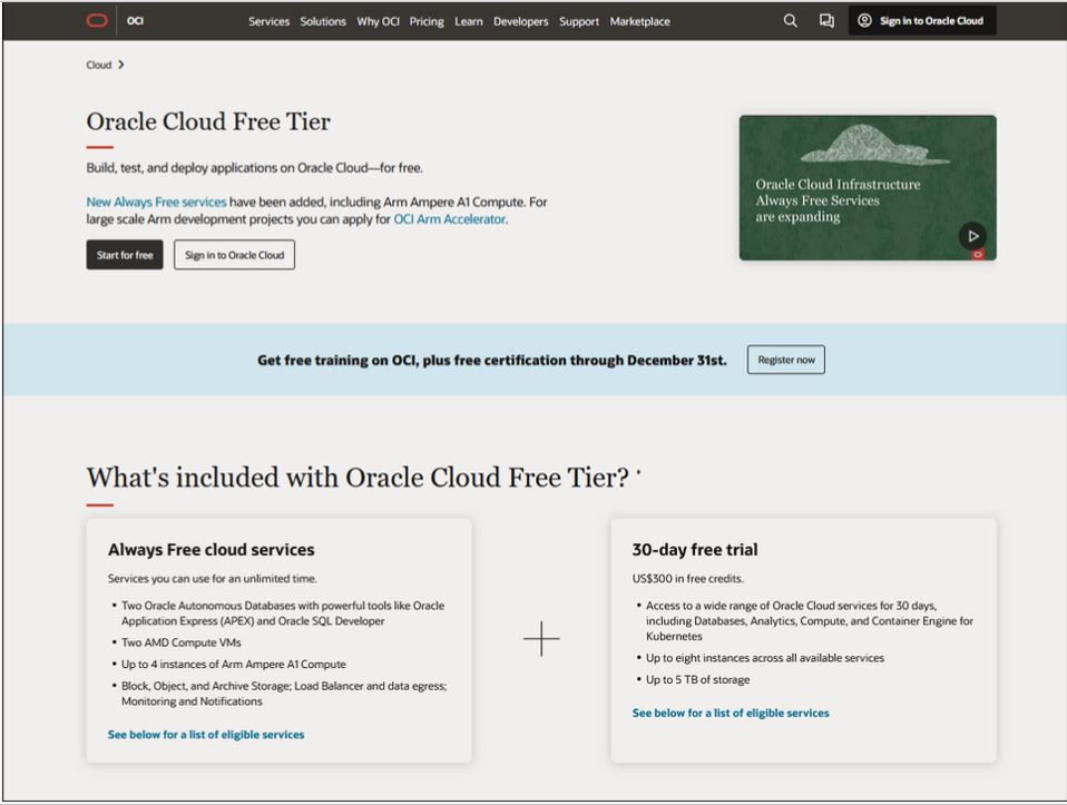 A screenshot of the Oracle Cloud Free Tier page.